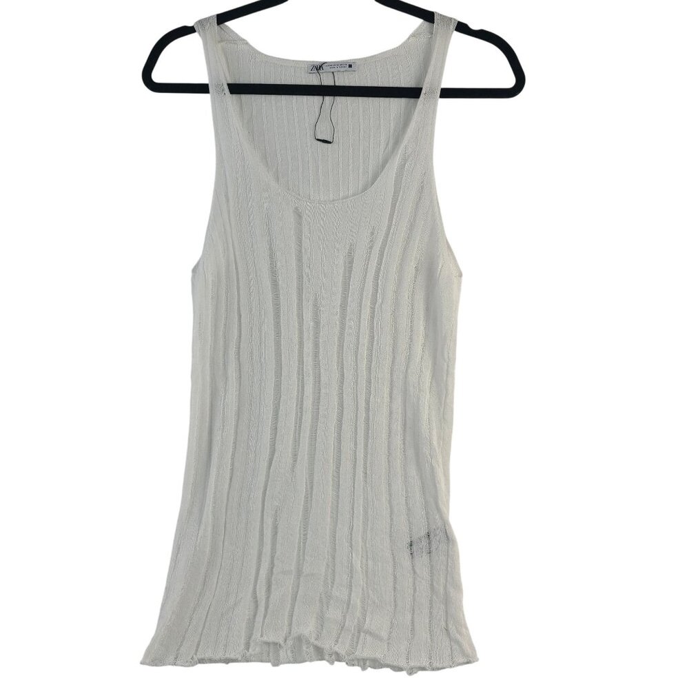 NEW Zara Sheer White Distressed Textured Sleeveless Tank Top Viscose Blend Sz M